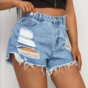 Plus Light Wash Raw Hem Ripped Denim Shorts